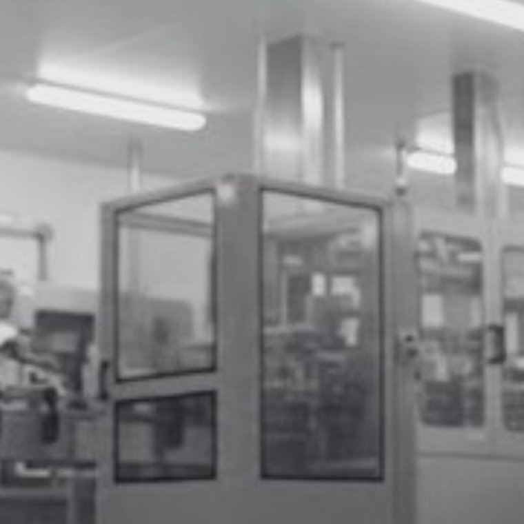 Archival black and white photo of a food processing line floor